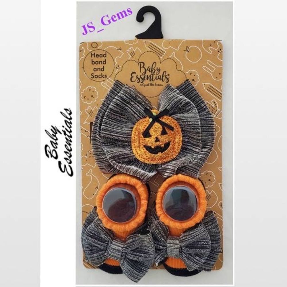 New Baby Halloween Headband & Sock Set Pumpkin Orange & Silver 0-6 Months